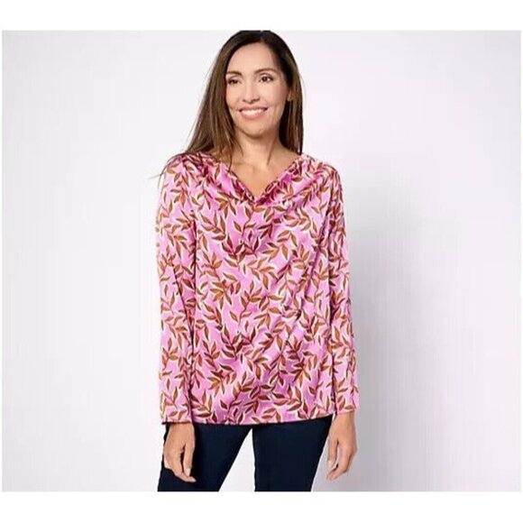 Denim & Co. Printed Woven Blouse with Side Slits Pinkberry XL A624128 - Picture 1 of 1